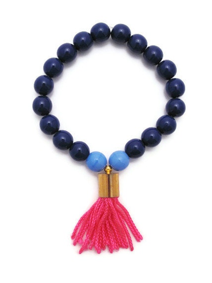 Neon Tassel Beaded Bracelet - Navy and Pink