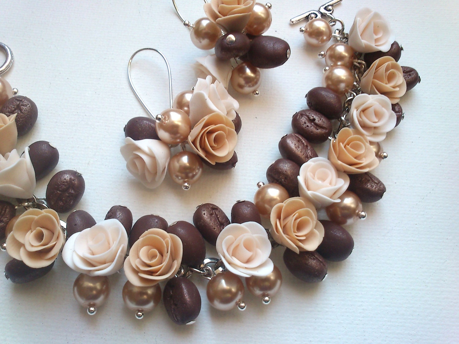Coffee rose jewelry set- Pearl braclet and earrings - Handmade jewelry
