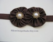 Flower girl headband -- Chocolate brown flower head band for flower girls with gold pearl buttons