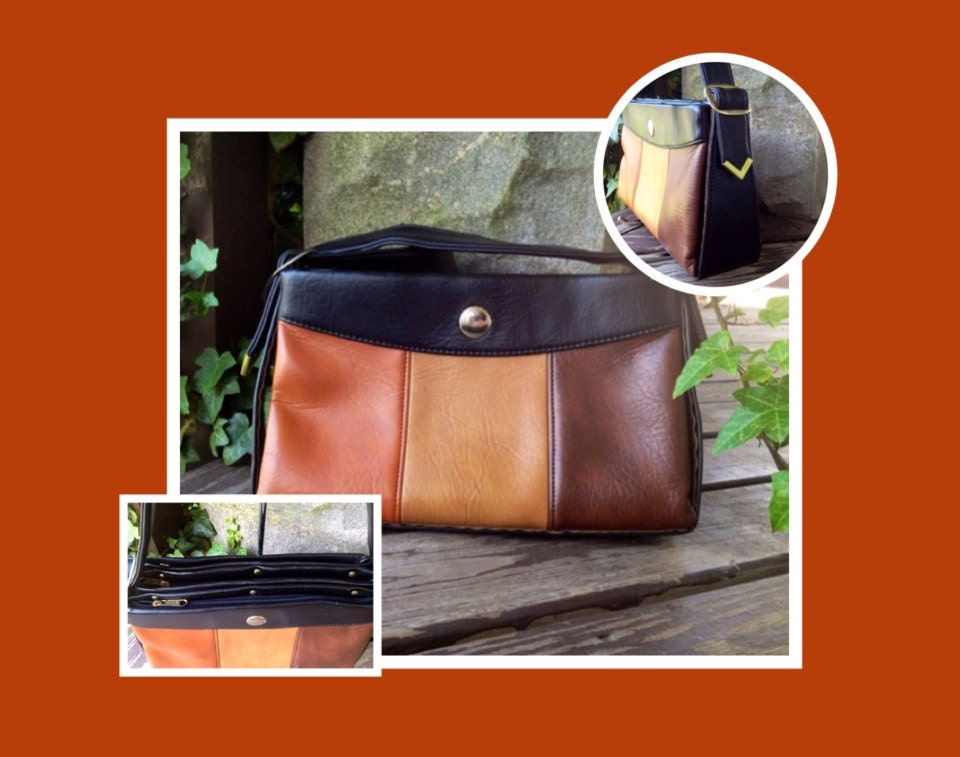 HOLIDAY SALE Vtg Vegan Camel Orange & Brown Faux Leather Shoulder Bag Handbag Purse Mod Retro Partridge Family