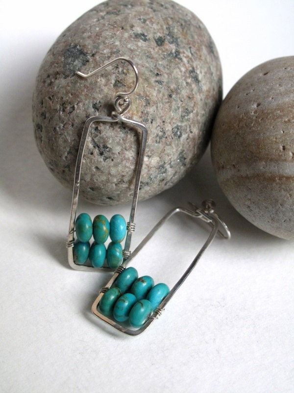 Hammered Sterling Silver and Turquoise Wire Wrapped Earrings