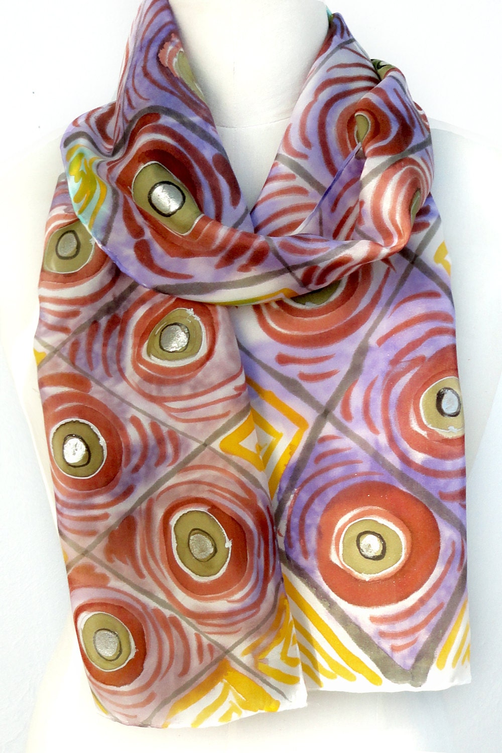 Silk Scarves. Hand Painted Long Silk Scarf. Multicolor Scarf. Geometric Motifs Scarf. Purple Scarf. 8x72 in. (20x183cm) Ready to Ship.