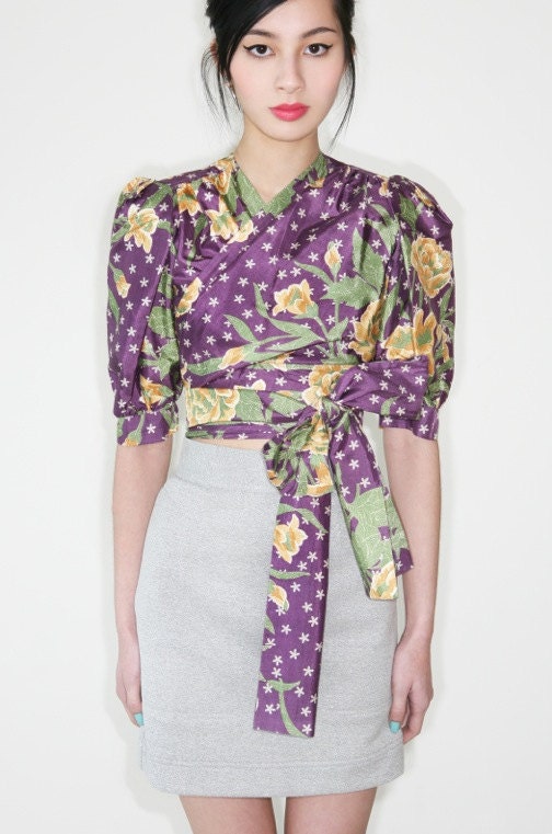 reduced was 290 now 185 divine vintage 1970s YVES SAINT LAURENT floral print silk wrap blouse w/puffed sleeves