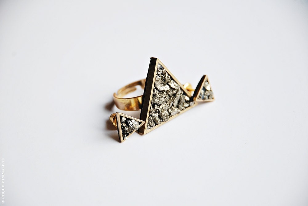 Pyrite Triangle Ring and earring studs - Geometric Jewelry