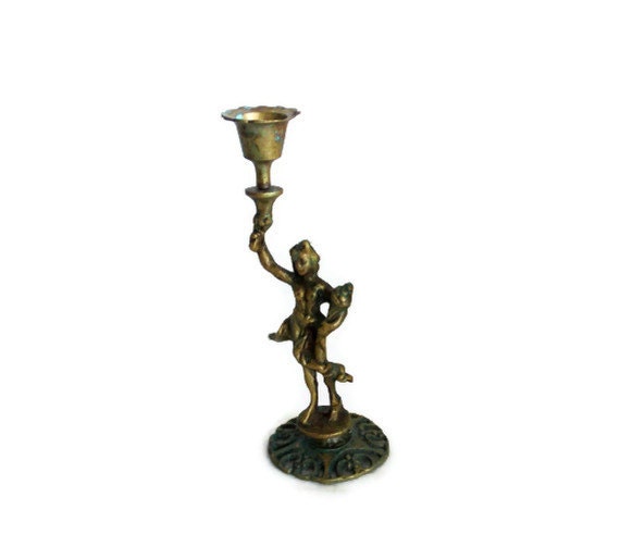 FIGURAL candleholder lady nude figurine holding flower bouquet & raised candlestick holder. Ooak Antique patina verdigris, table centerpiece