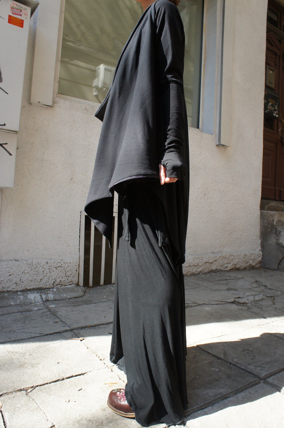 Spring Black Coat / Cotton Coat / Extravagant Asymmetrical Blazer / Extra long sleeves