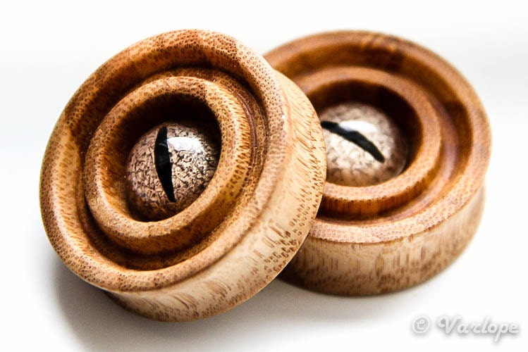 Custom Plugs / Golden Reptile Eyes / Crocodile Bamboo / Tribal Design / (1" 5/8 - 2") (41-51mm)