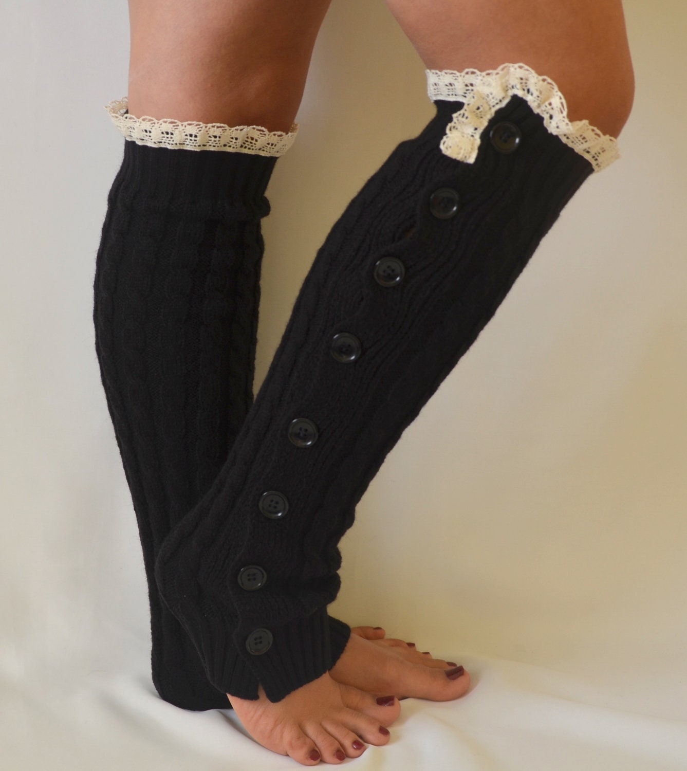 Black slouchy open button down cable knit lace leg warmers knit lace leg warmers boot socks birthday gifts women's fashion accessory