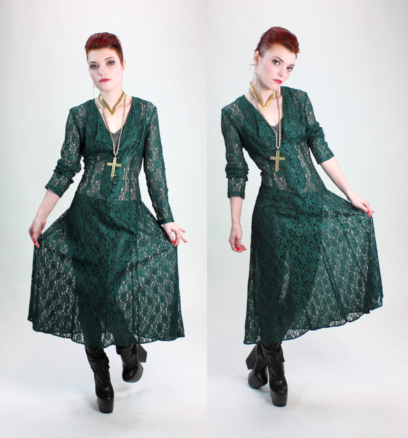 1980s Gothic Steampunk Grunge Sheer Forest Green Corset Lace Dress