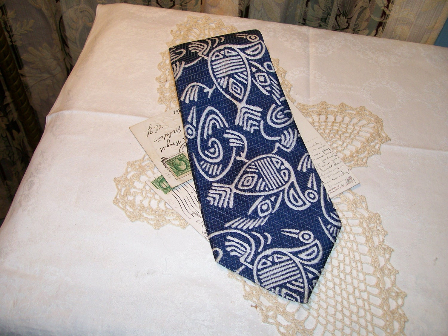 1970s Graphic Bird Necktie - Blue White Graphic Pattern - Wide Width