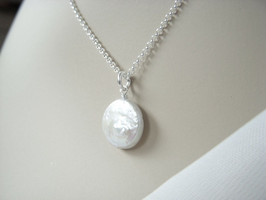 Coin Pearl Necklace - Bridesmaid Pearl Pendant Necklace on Silver Chain