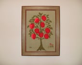 Apple Tree Vintage Framed Crewel Embroidery Wall Hanging Signed LM - ZeeJunkHunter
