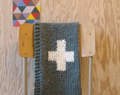 Knitted Cross Baby Blanket for Bassinet, Stroller, or Car Seat in Grey/Cream