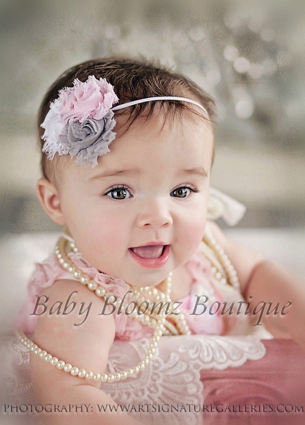 Baby Headband, Baby girl headband, Gray Shabby Headband, Flower headband, Baby bow, newborn headband, toddler girl