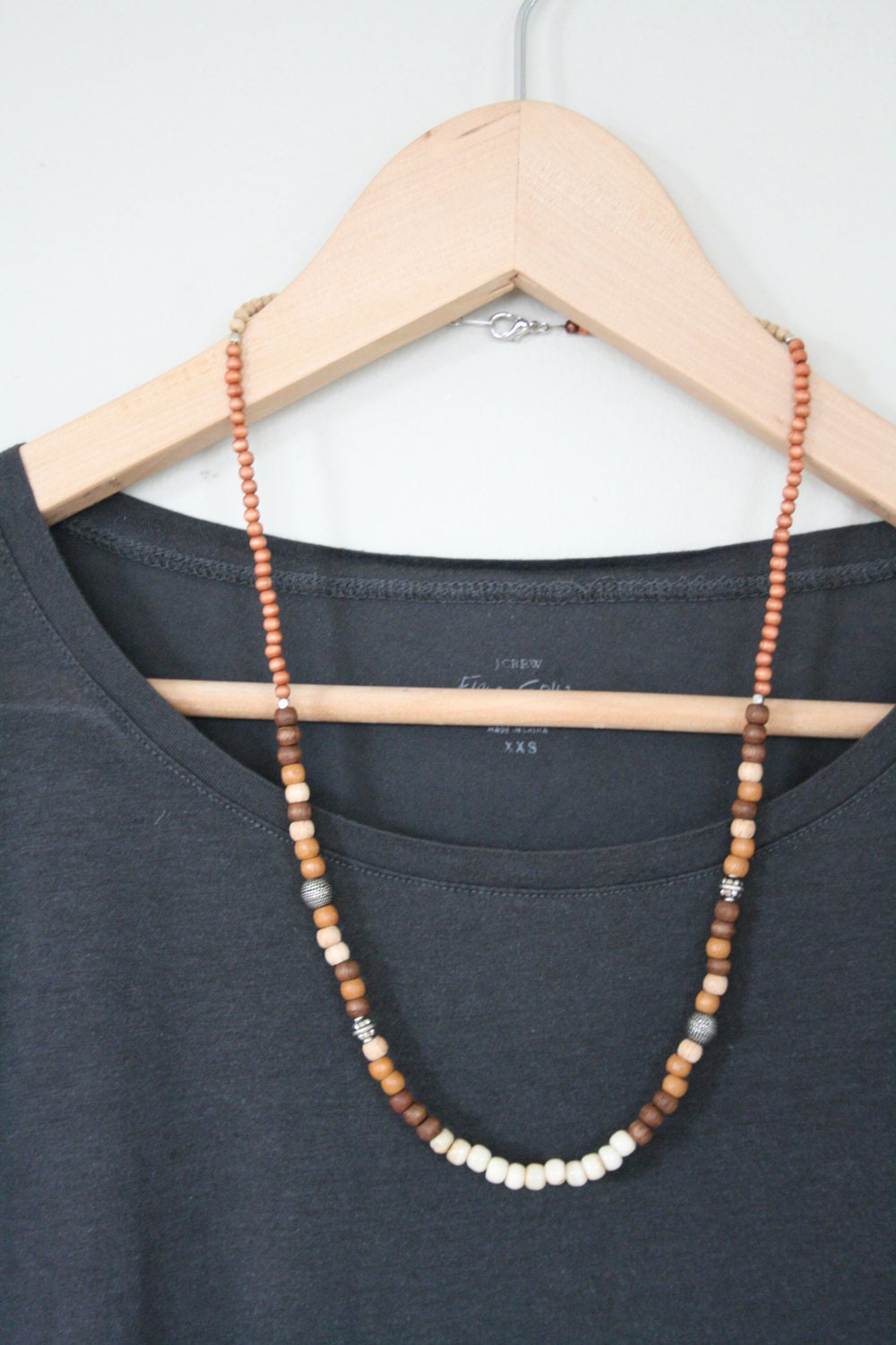 Eco wood African trade bone necklace // silver heishi // boho // brown white natural // asymmetrical // birch // tribal // yoga // handmade