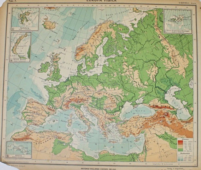 1928 Vintage Italian Language Color Map from Italy- 2 Sided Map of Europe and the World- Atlas of Geography