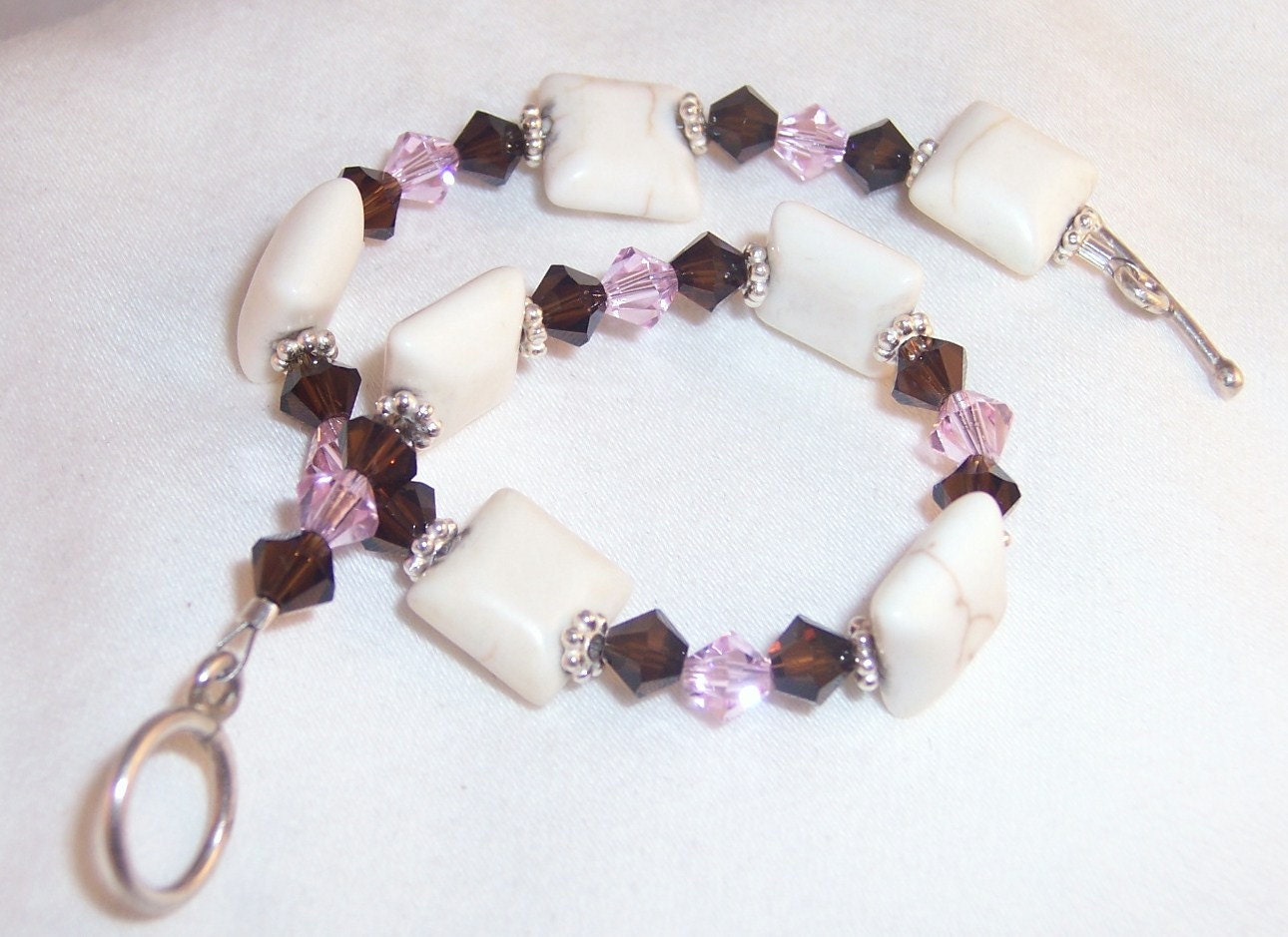 White turquoise bracelet, brown and pink crystal bracelet