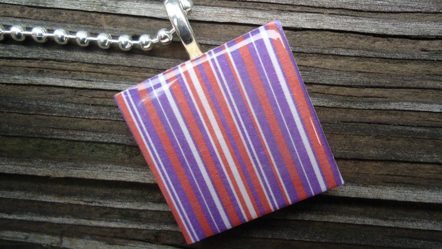 Red White and Purple Striped Wood Tile Necklace