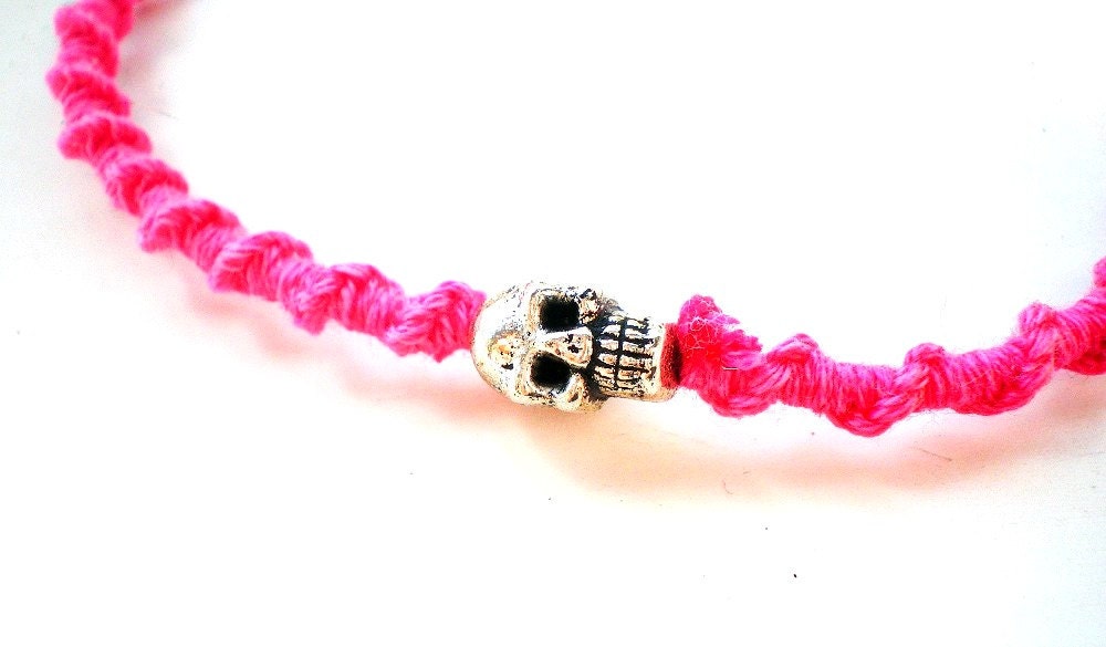 Neon Bracelet With Silver Skull Bead, Handmade Cord Skull Bracelet