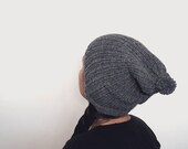 knit slouchy unisex pom-pom winter beanie in oxford grey