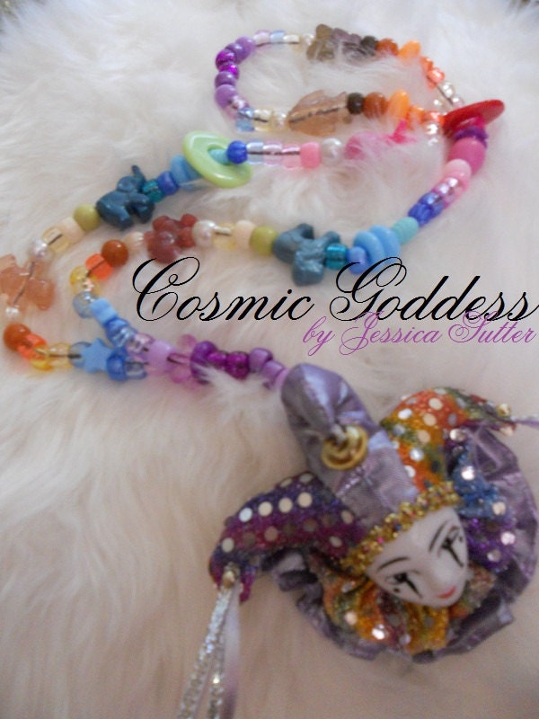 Cosmic Goddess-- Designs by Jessica Sutter Designer Kandi Jewelry Vintage 80s Mardi Gras Mask Totem Ranbow Galaxy Pony Beads
