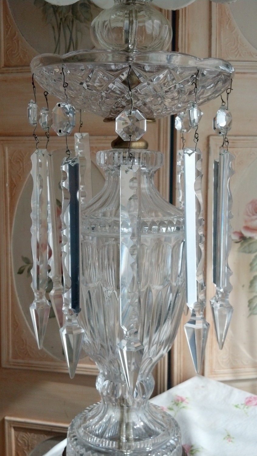 Pair 2 Vintage Crystal Lamps Shabby Chic Spear Chandelier Crystals Tall Fluted Gathered Shade Antique Light Lighting Lamp