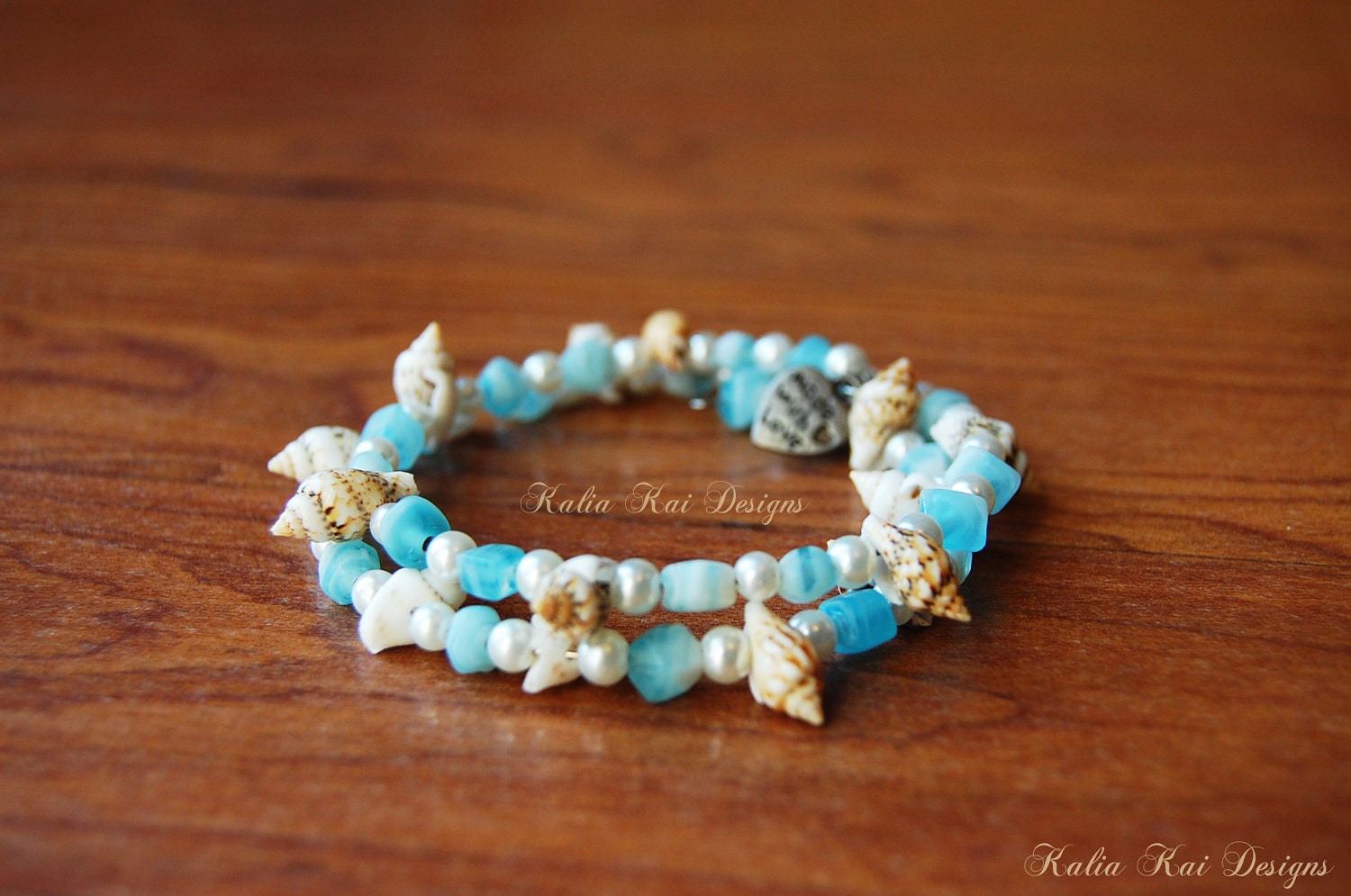 Blue Sea Shell bangle wrap bracelet, Mini White and Brown Cone Shell, Ocean theme, Hawaiian sea shells, sea glass