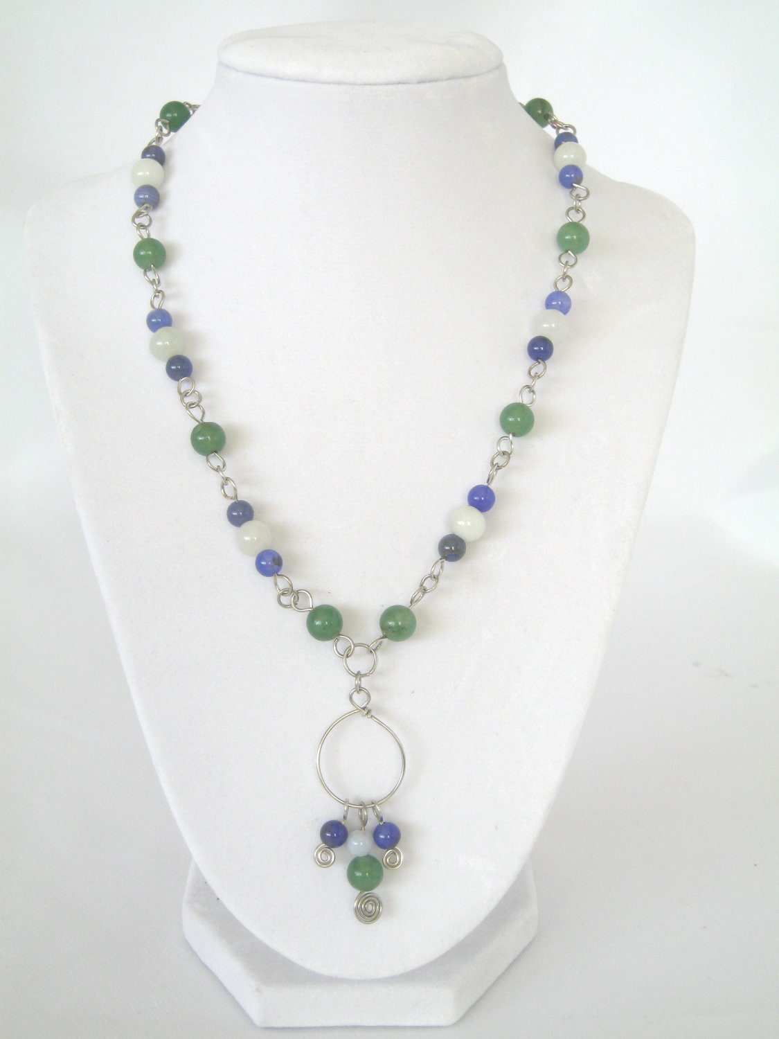 Summer Wire Wrapped Pendant Necklace , Blue Agate Jewelry , Green Adventurine Necklace , White Jade Stone Necklace