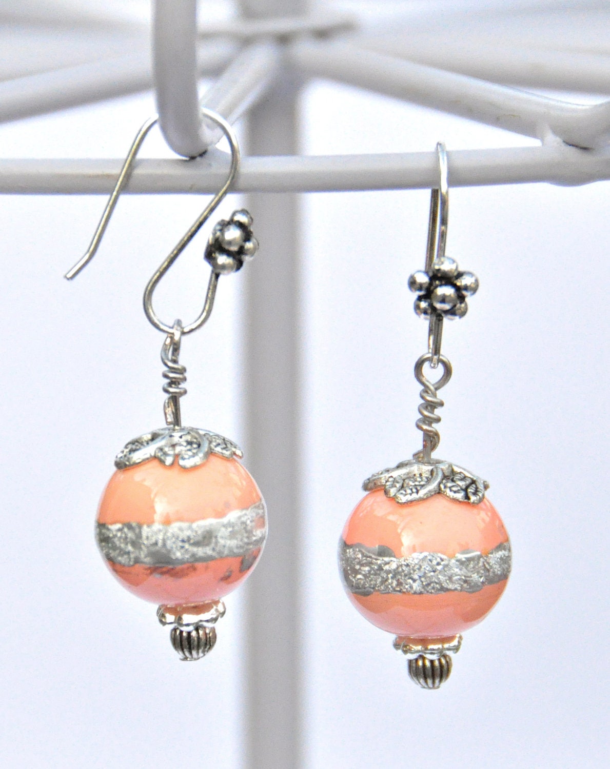 Blush Pink Glass Beads with Silver Detail Earrings - Valentine's Day, handpainted silver