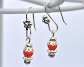 Red Orange & Silver-Capped Beaded Earrings - Mother's Day, dangle, present for her, small elegant