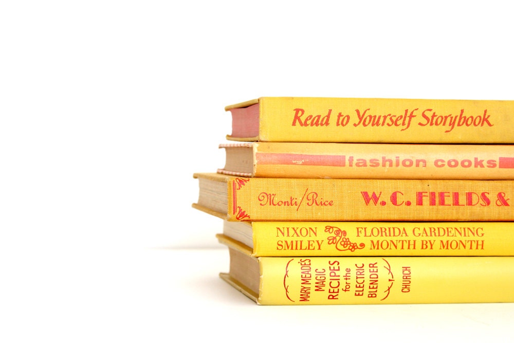 Yellow with Red Lettering Book Collection - Vintage Book Decor - Bright Yellow Red - Modern Set of Books - VintageScholar