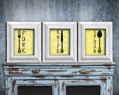 Kitchen Art - Modern art print - silhouette utensils - yellow and black - trio art set - Retro decor - Housewarming gift - 8x10 Art Print