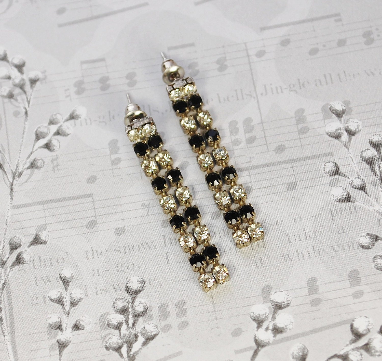 Vintage Rhinestone Earrings, Long Dangles, Black Clear Crystals, Silver Tone Metal, Pierced, 1970s High Fashion, Wedding Bridal Jewelry