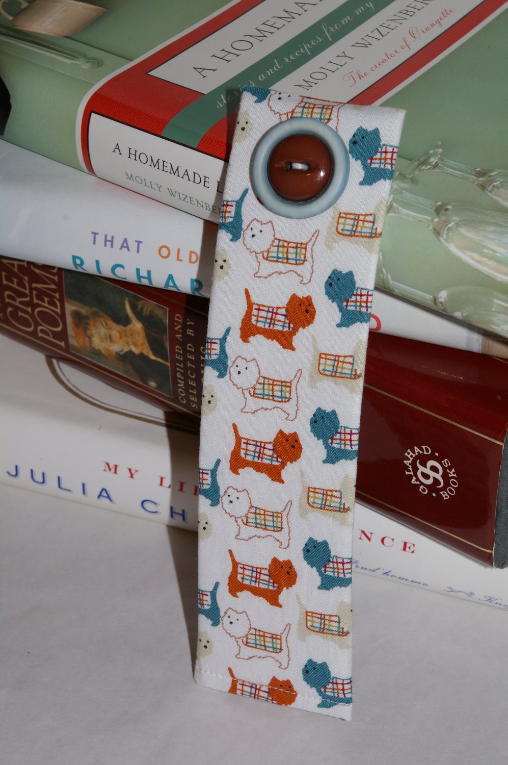 Repurposed Fabric Bookmark - Pretty Puppies with Button