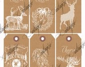 Printable Kraft Paper Masculine Winter Reindeer Gift Tags with Stamps- Original Digital Collage Sheet Download