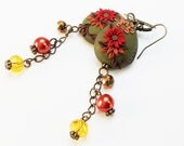 Boho Green Earrings with Red Flowers, Boho Teardrop Earrings, Polymer Clay Earrings, Limited Design, OOAK Earrings