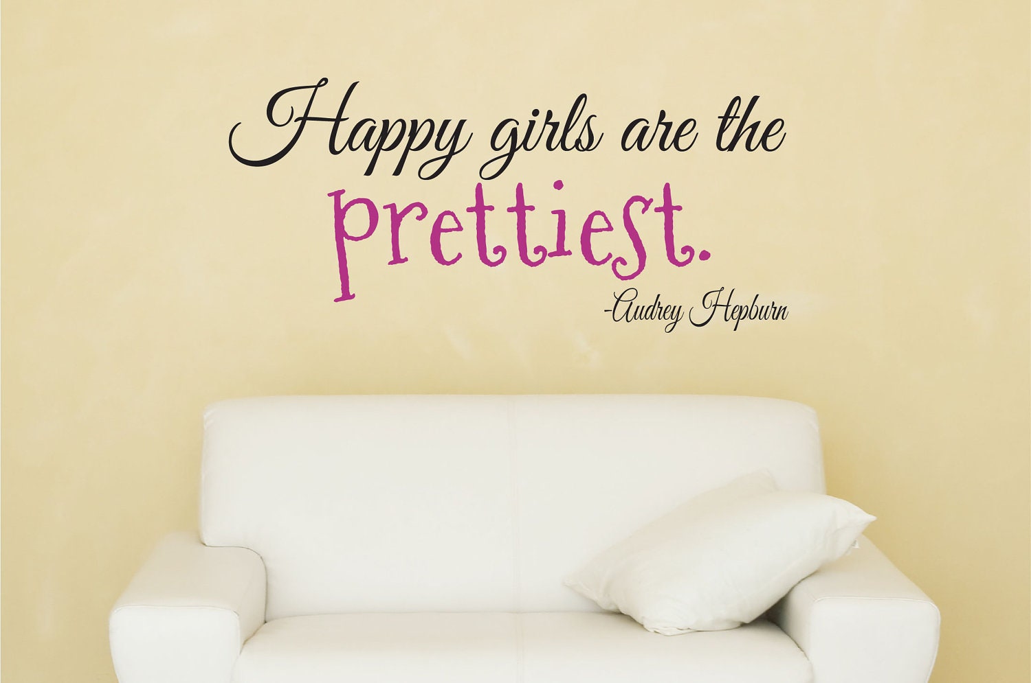 Happy Girls Are The Prettiest - Audrey Hepburn Vinyl Wall Decal Quote - Pretty Girls Room Decal - Vinyl Words Wall Lettering