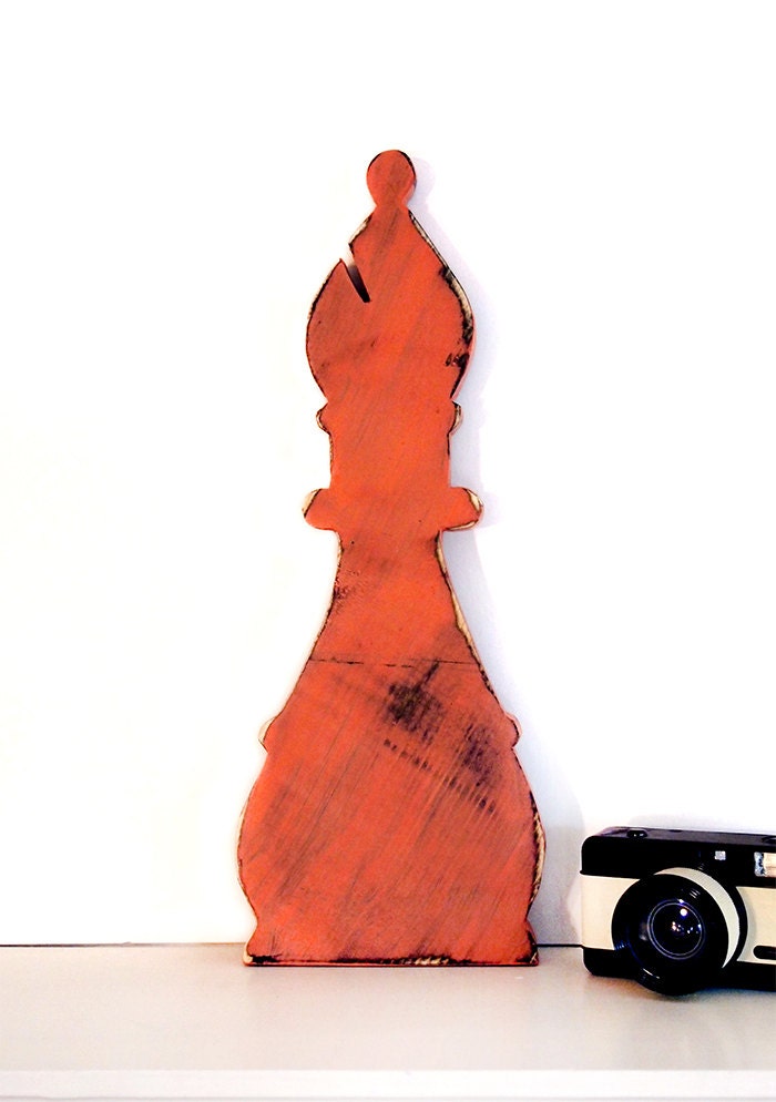 Wooden Chess Piece-Bishop-(Pictured in Coral) Pine Wood Sign Wall Decor Rustic Americana Chic Photo Prop Game Room Decor