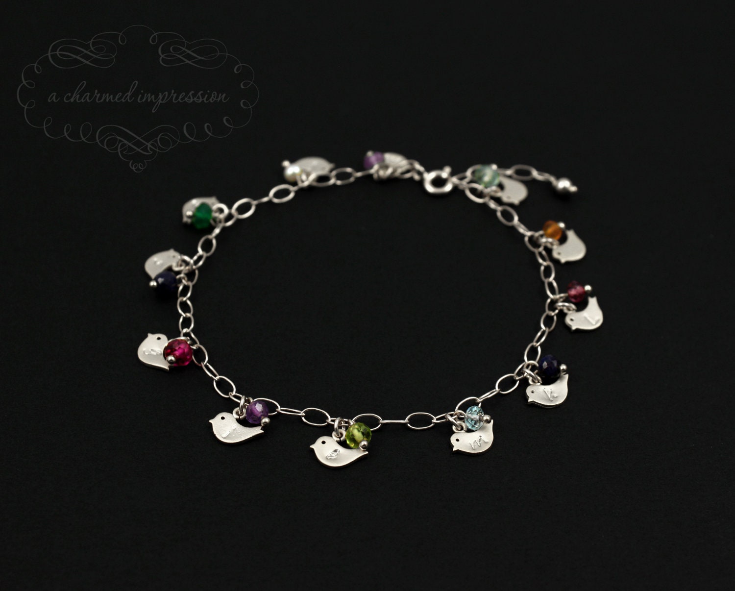 Personalized Initial Charm Bracelet Silver . Baby Bird Family . Sterling Silver Bird Bracelet . ADJUSTABLE Bracelet Birthstone Jewelry Gifts