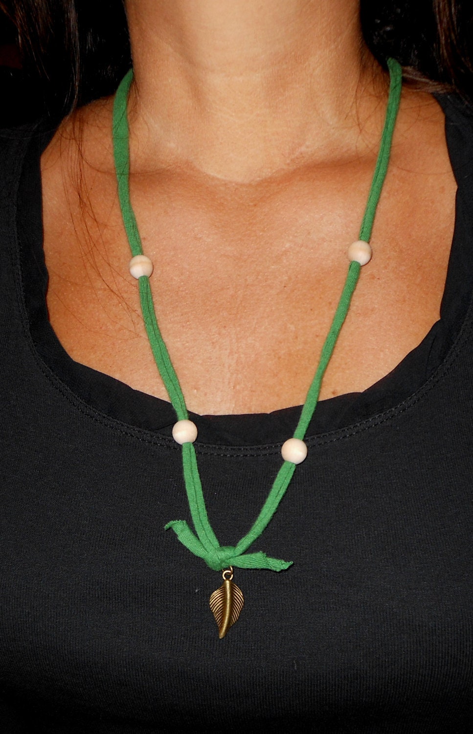 Necklace/Wrap Bracelet, 2 Piece Set, T Shirt Fabric, Metal Leaf Detail, Wood Beads, Green