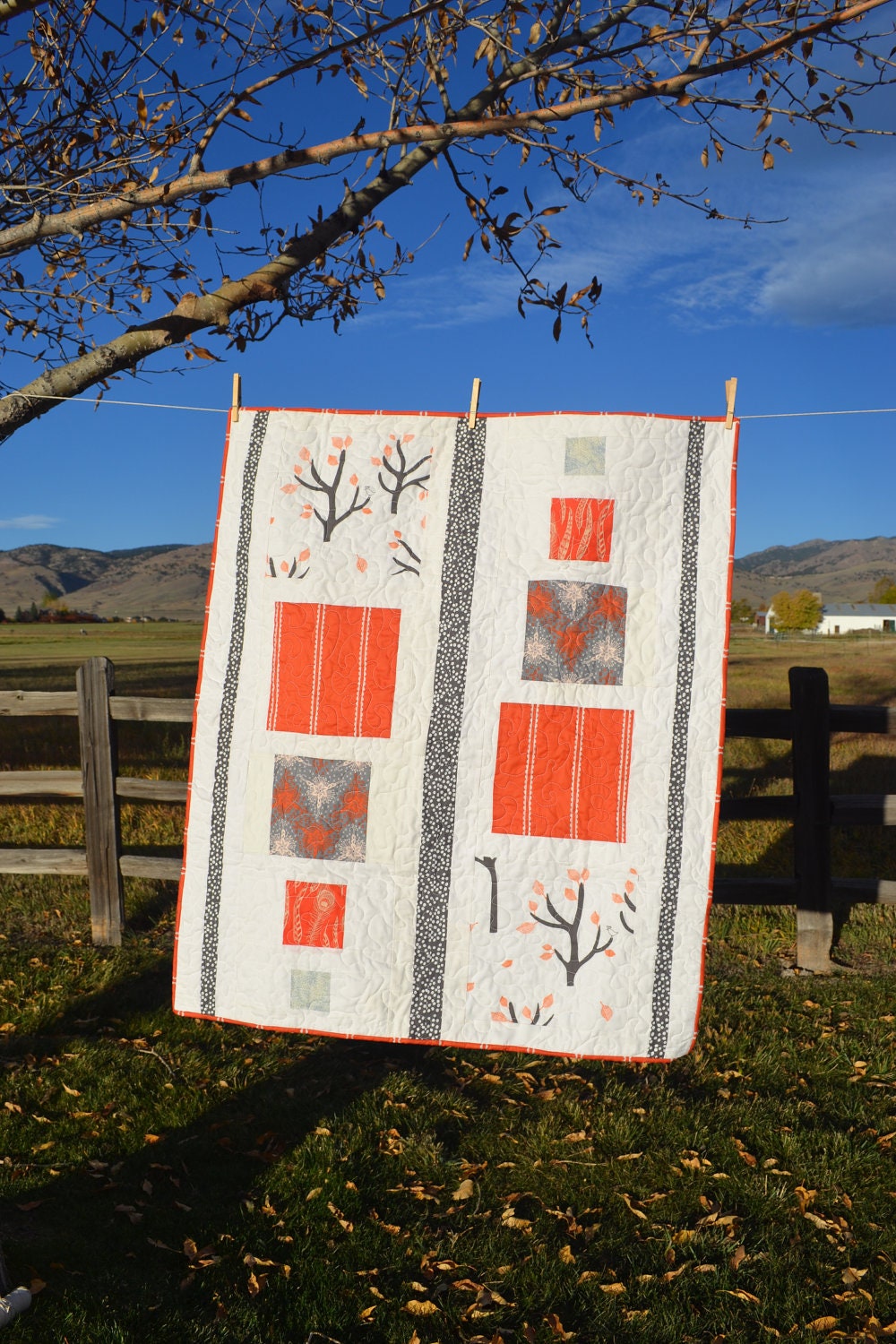 Modern Baby  Crib Quilt - Gray Woodland Birds in Trees made with cotton fabric by Lotta Jansdotter and Anna Maria Horner