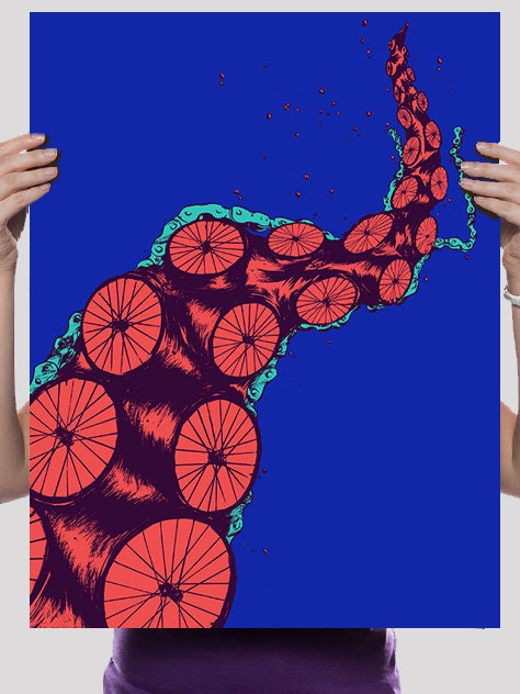 Octopus, Tentacles, Bicycle, Chains, Spokes, Wheels, Art Print, Poster, 18 x 24