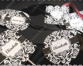 Printable Party Favor Tag Cupcake Topper Sticker 2" Editable JPG Word Damask Black White Elegant images 8,5 x 11" Collage Sheet cf00006-1a