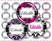 Editable JPG Bottle cap images Colorful Damask patterned graphics 1" circles Printable 4x6" elegant Damask Digital Collage Sheet cf00006-11c