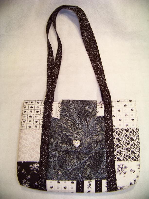 IPad tote bag purse, carrier, case, patchwork black, white and grey design with front pocket and heart button closure
