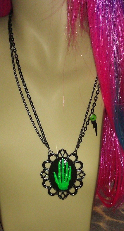 Hand-Painted Bright Green & Black Skeleton Hand Cameo Necklace Zombie Spooky Horror Halloween Punk Chic Undead Claw Brooch Pendant