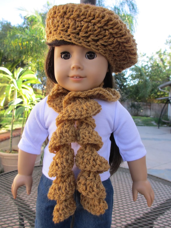 Crocheted Beret Hat and Spiral Scarf Set Dijon Mustard fits American Girl and 18" Dolls