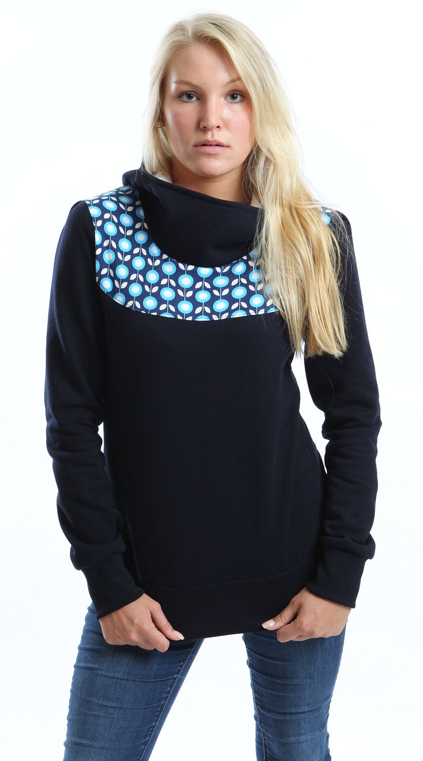 Womens Hoodie - Helsinki - cute Long Sleeved Sweatshirt dark blue with retro Flowers Size XS - XL
