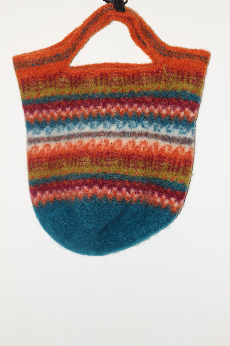 Felted Knit Tote Bag Purse Multi-Colored Bright Orange, Purple, Light Green, White and Teal Blue Bottom and Edging