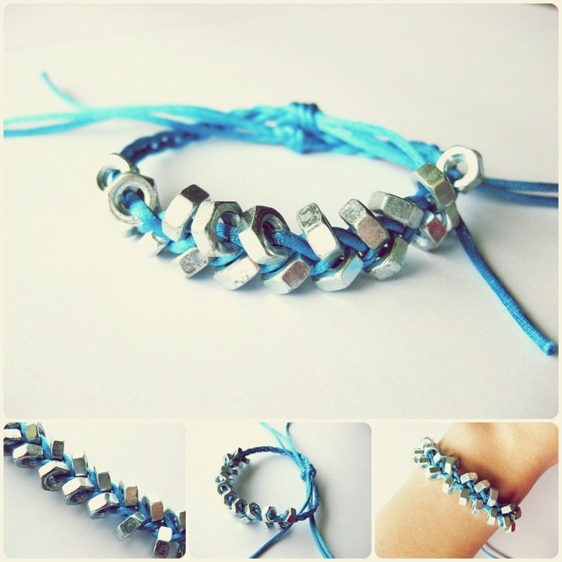 Metal Bolt Nut Beads with nylon colored thread Bracelet Handmade, Cuff, Jewelry Thailand.  JBS8005